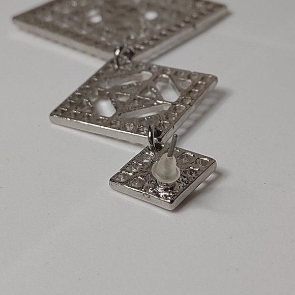 Long Silver Tone Metal Decorative Dangling Square Earrings - Picture 8 of 12